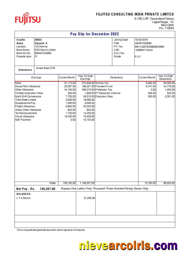 Fujitsu Consulting India payslip